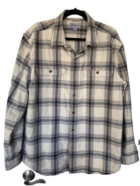 Carhartt Original Fit Plaid Flannel Long Sleeve Button Shirt Gray Black Ivory L